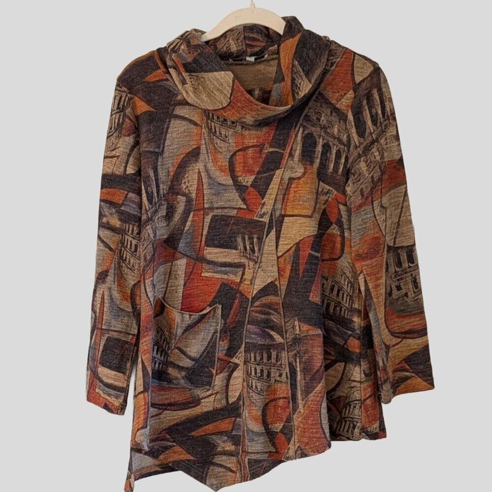 Vintage Rome Coliseum Print Cowl Neck Tunic M Asymmetrical Hem Wearable Art